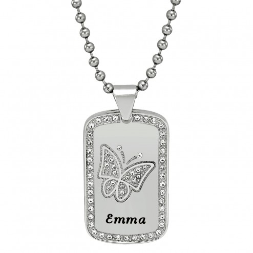Stainless Steel Women's High Polished Butterfly Dog Tag Personalized Pendant (30x19mm)