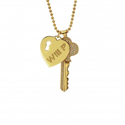 Stainless Steel Yellow Tone Heart and Key Personalized Pendant (51x24mm)